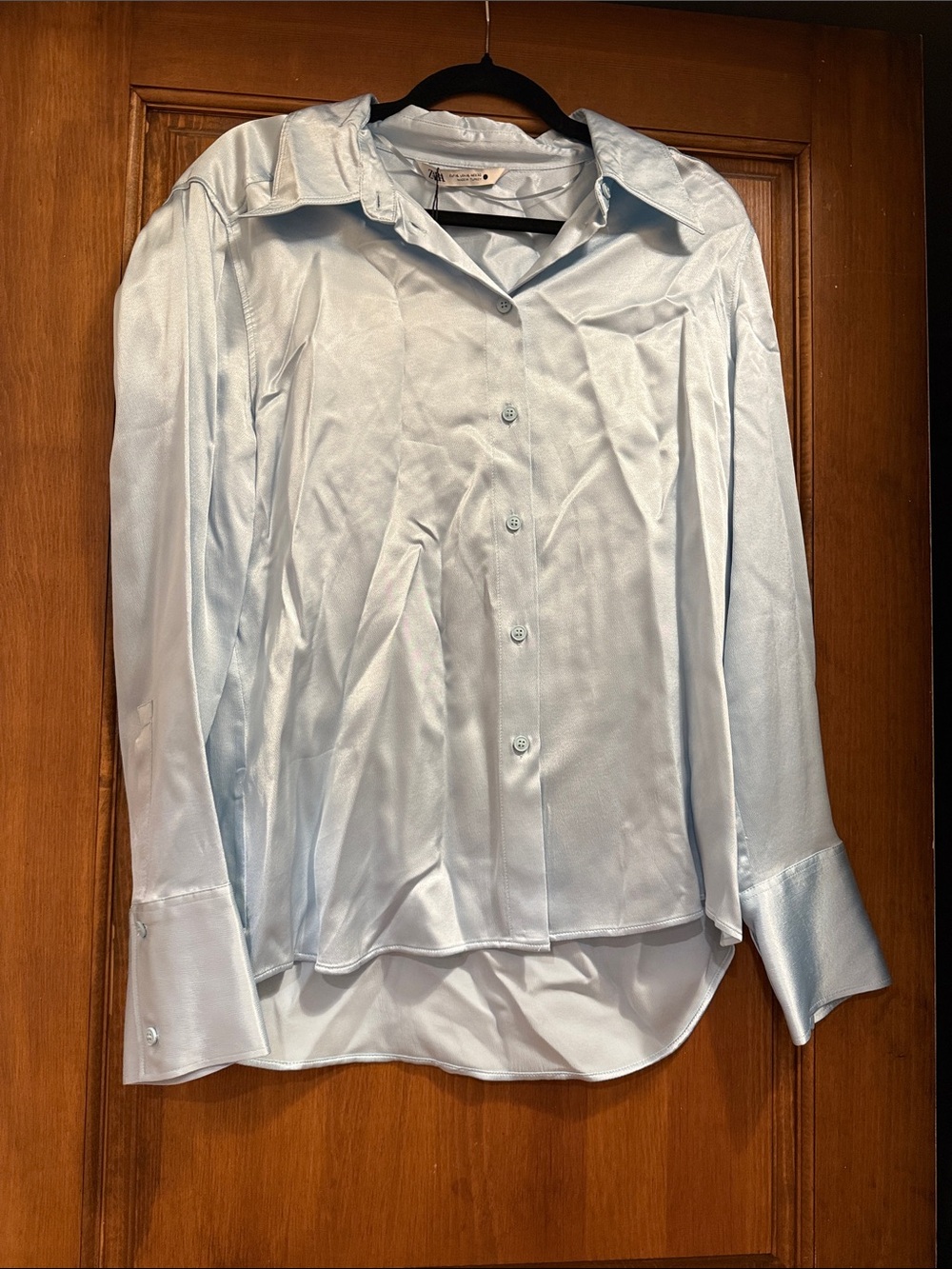 Zara Pale Blue Satin Button-Down Shirt